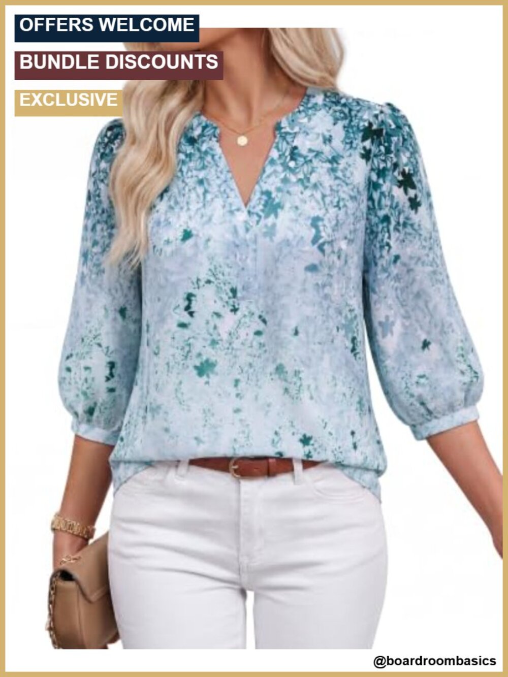 Floral Chiffon Blouse Dressy Casual 3/4 Puff Sleeve V Neck Work Top